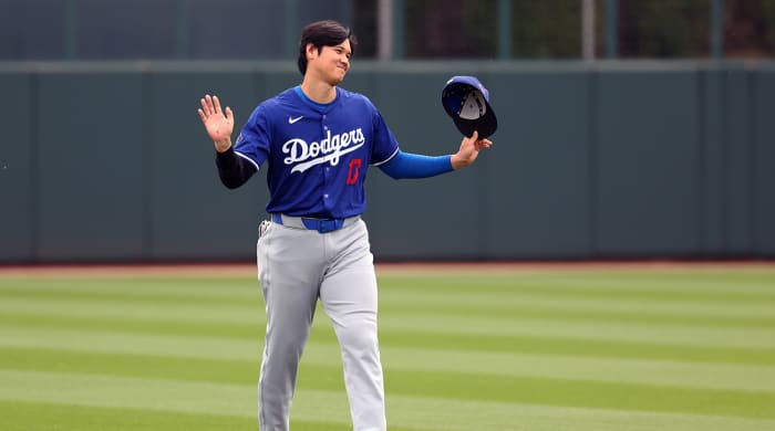 Los Angeles Dodgers designated hitter Shohei Ohtani (17) against the Chicago White Sox during a spring training baseball game at Camelback Ranch-Glendale.